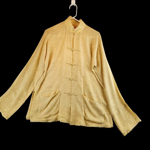 Shanghai Tang Silk Blouse Pale Yellow Floral Frog Button Size 12 Elegant Chic - Picture 1 of 11